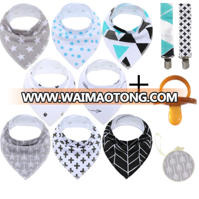 Amazon hot selling safe baby bib 2 nickel-free snaps adjustable baby bandana bibs +2 Pacifier Clips + Pacifier